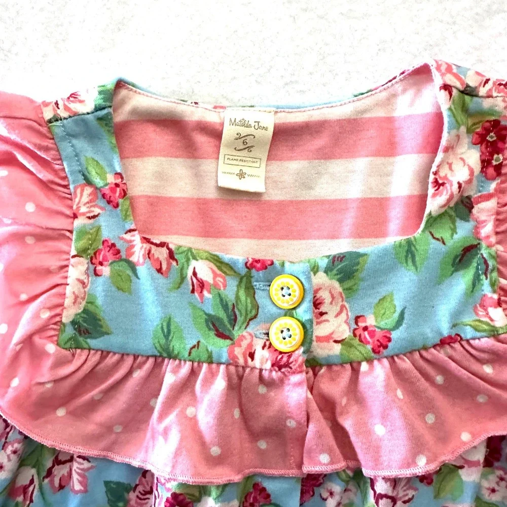 Matilda Jane Girls 6 Floral Tunic Top Ruffle Blue Pink Rose Flame Reaiatant